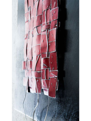 Zen Weave in Red. Abstract metal art by artist Paula Gibbs, Palm Springs, CA. Paint on metal mounted on wood panel, 16