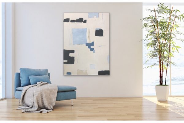 Minimalist abstract in blue by Paula Gibbs, in situ