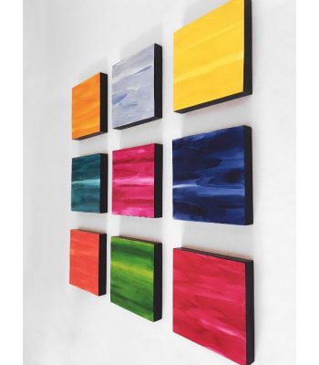 Monochromatic Landscape, multicolor, 9 piece installation, by Paula Gibbs